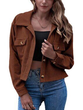 Women's Brown Fashion Cropped Shacket Button Down Corduroy Crop Western Jacket